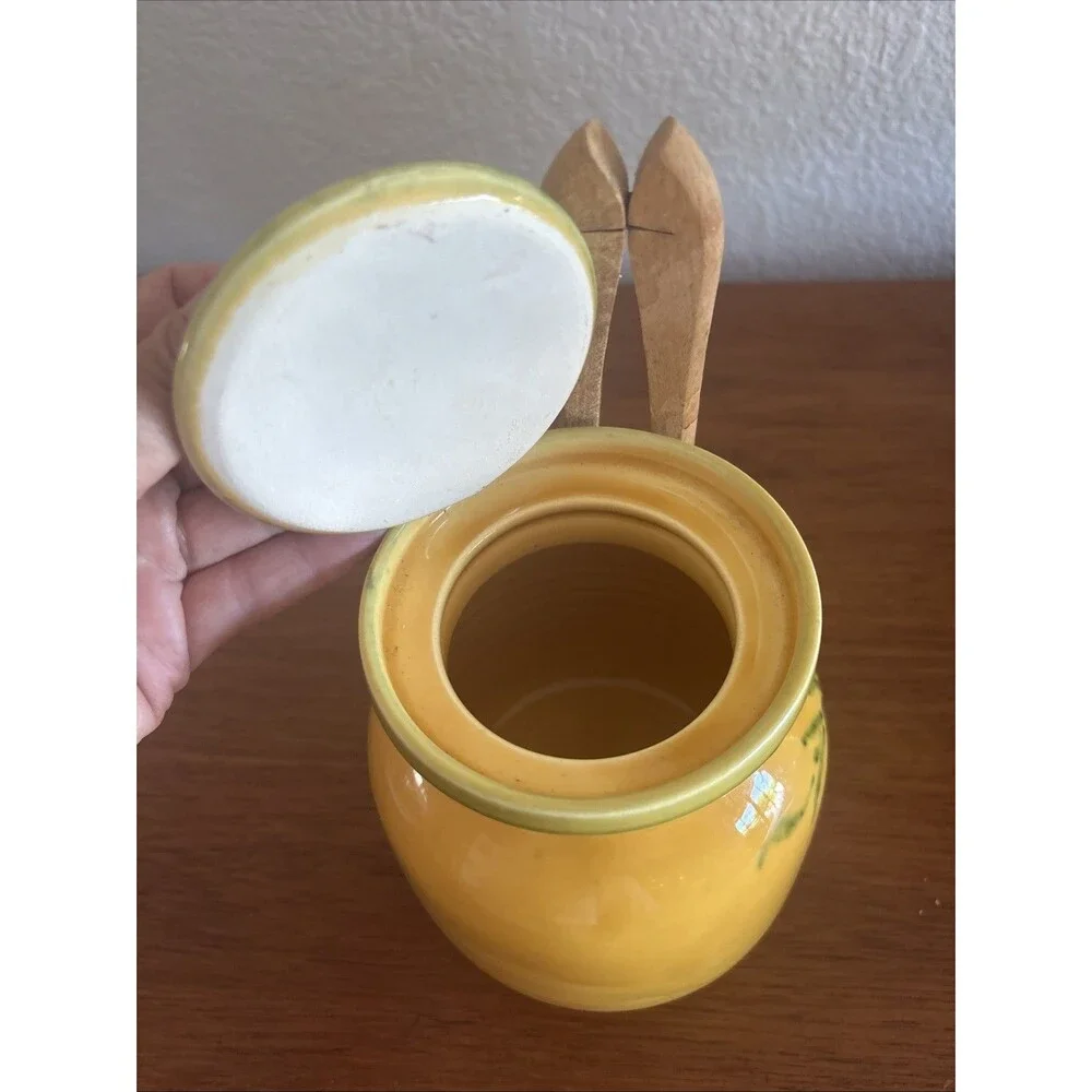 Olive Jar Pot with Wood Tongs LOU PIGNATIER Made In France Ceramic Pottery Rare